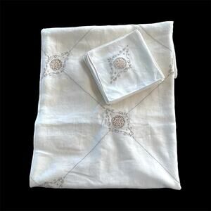 Rare Vintage Italian Ivory Linen Needlelace Tablecloth Set with 12 Napkins